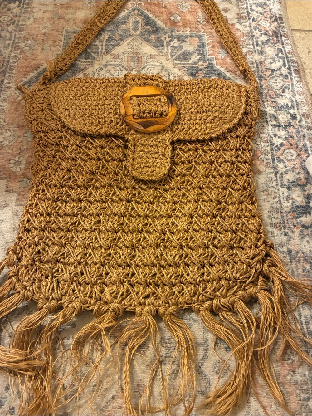 Boho Mustard Crochet Fringe Crossbody Bag